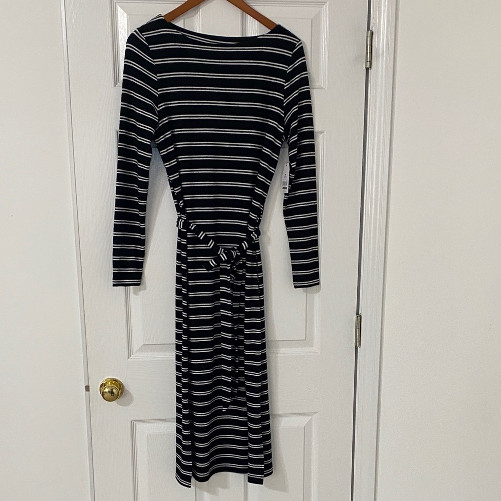 NWOT Black and White Striped Knit Belted Dress